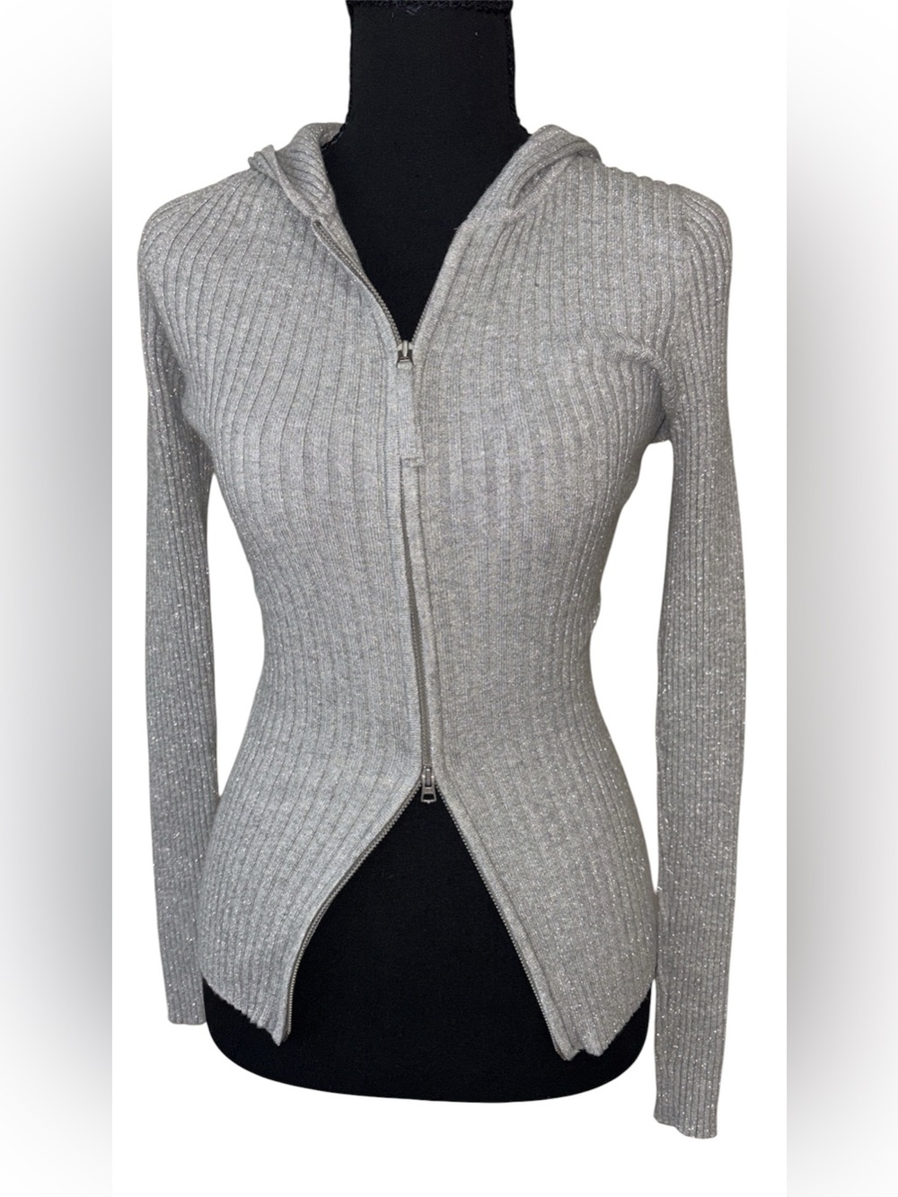 Vintage Express Metallic Silver Gray Ribbed
Two Way Zip Cardigan Hoodie Y2K